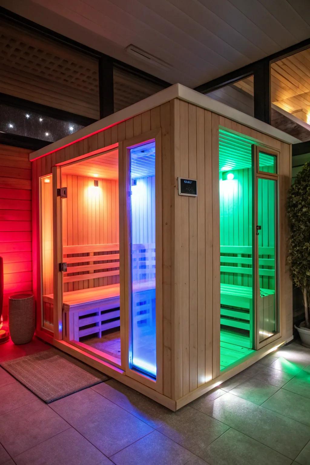 Chromatic illumination adds a colorful dimension to this sauna experience.