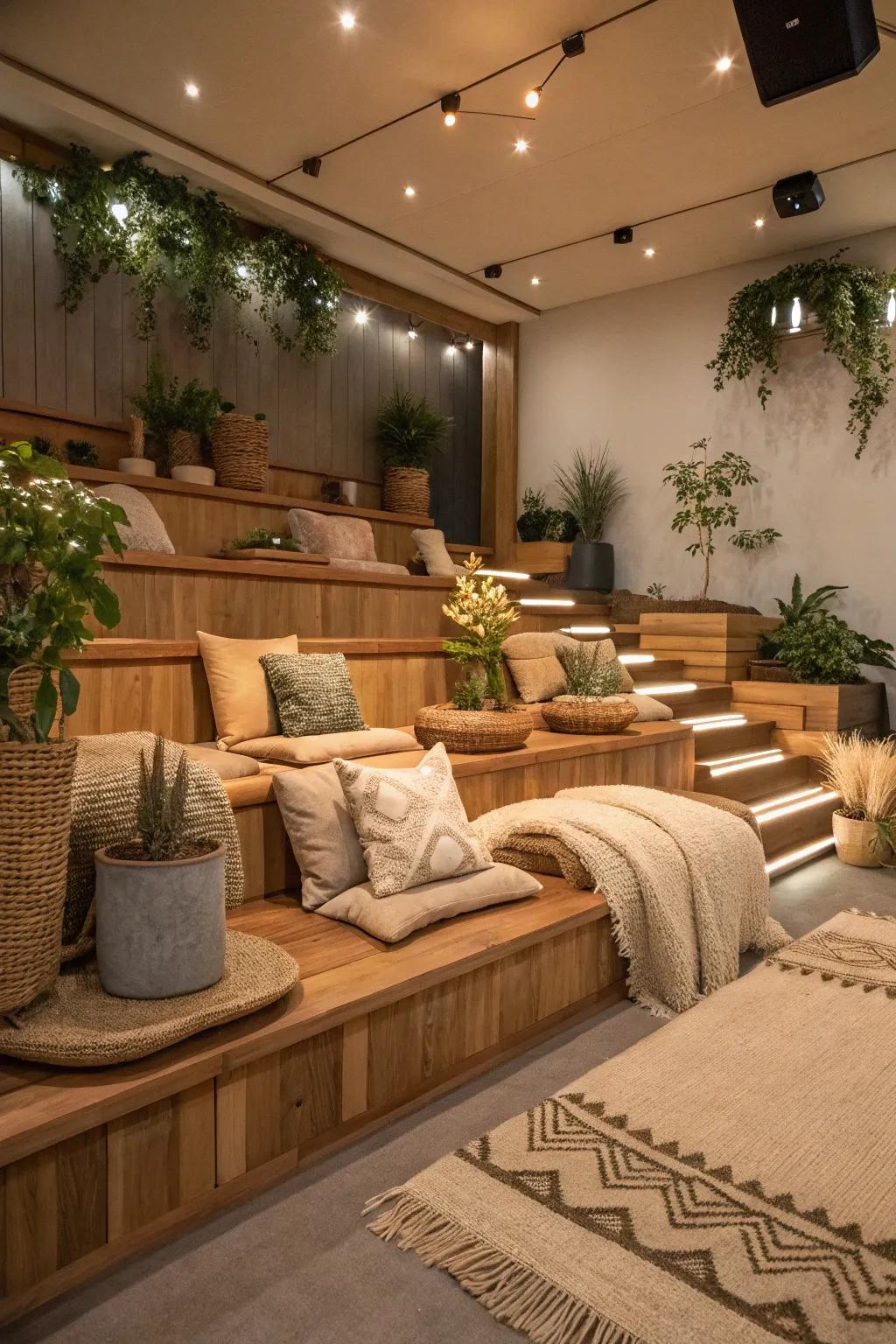 Natural wood platforms lend warmth and class to your cinema.