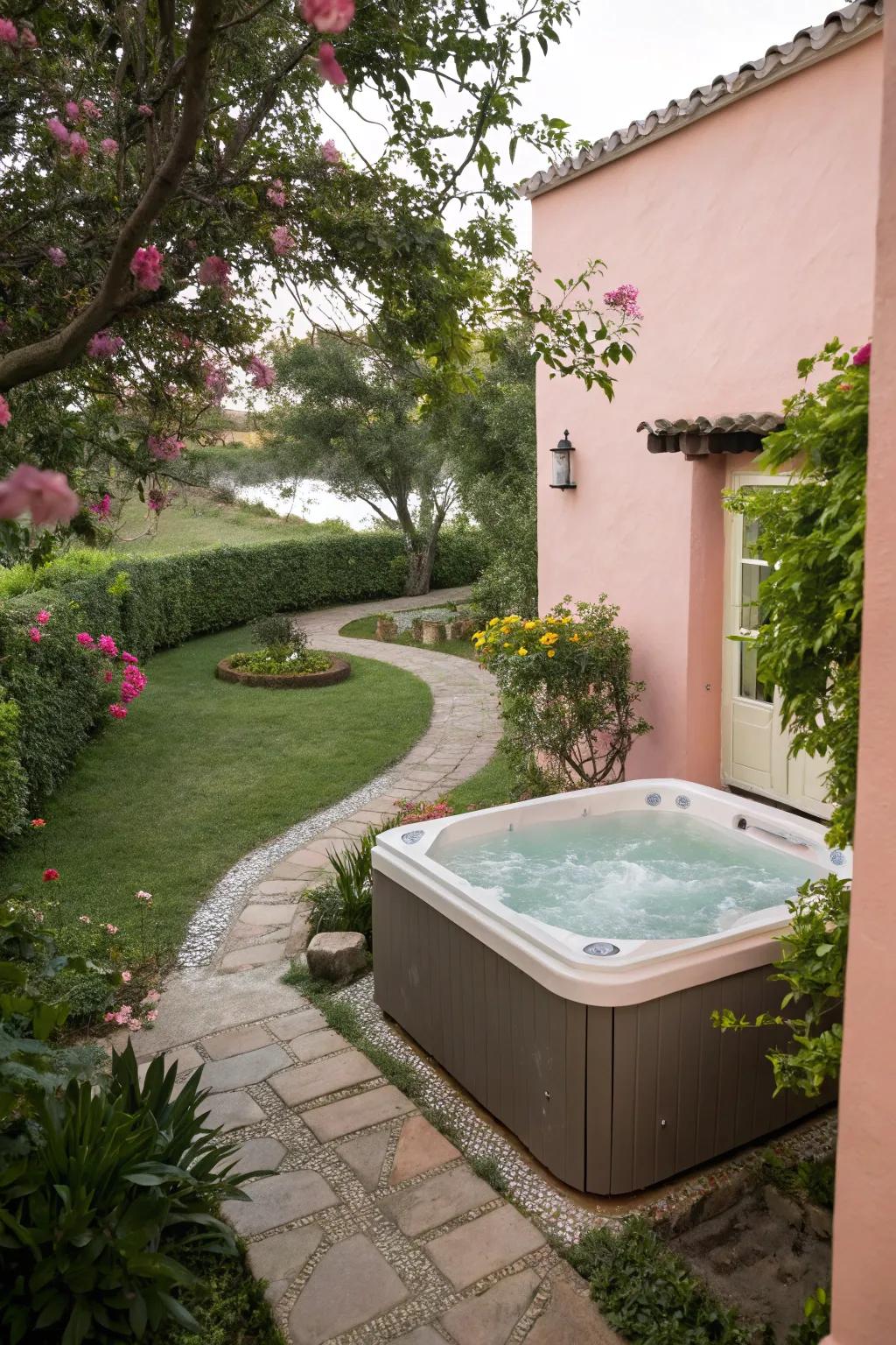 Soft hues fashion a serene and relaxing hot tub environment.