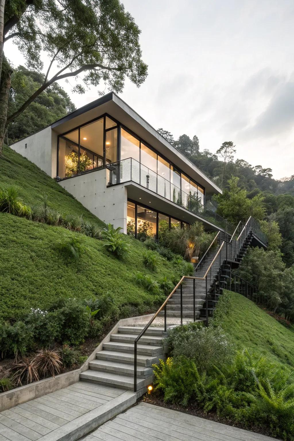 Stairs can link the levels on a steep land house.