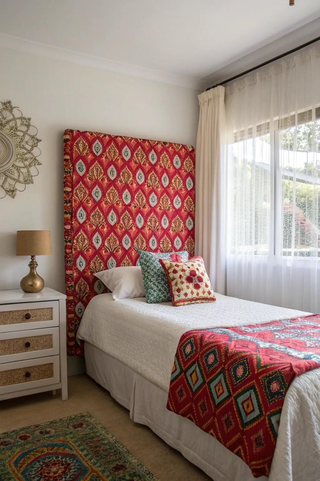 A striking headboard functions as a centerpiece, infusing character into a small bedroom.