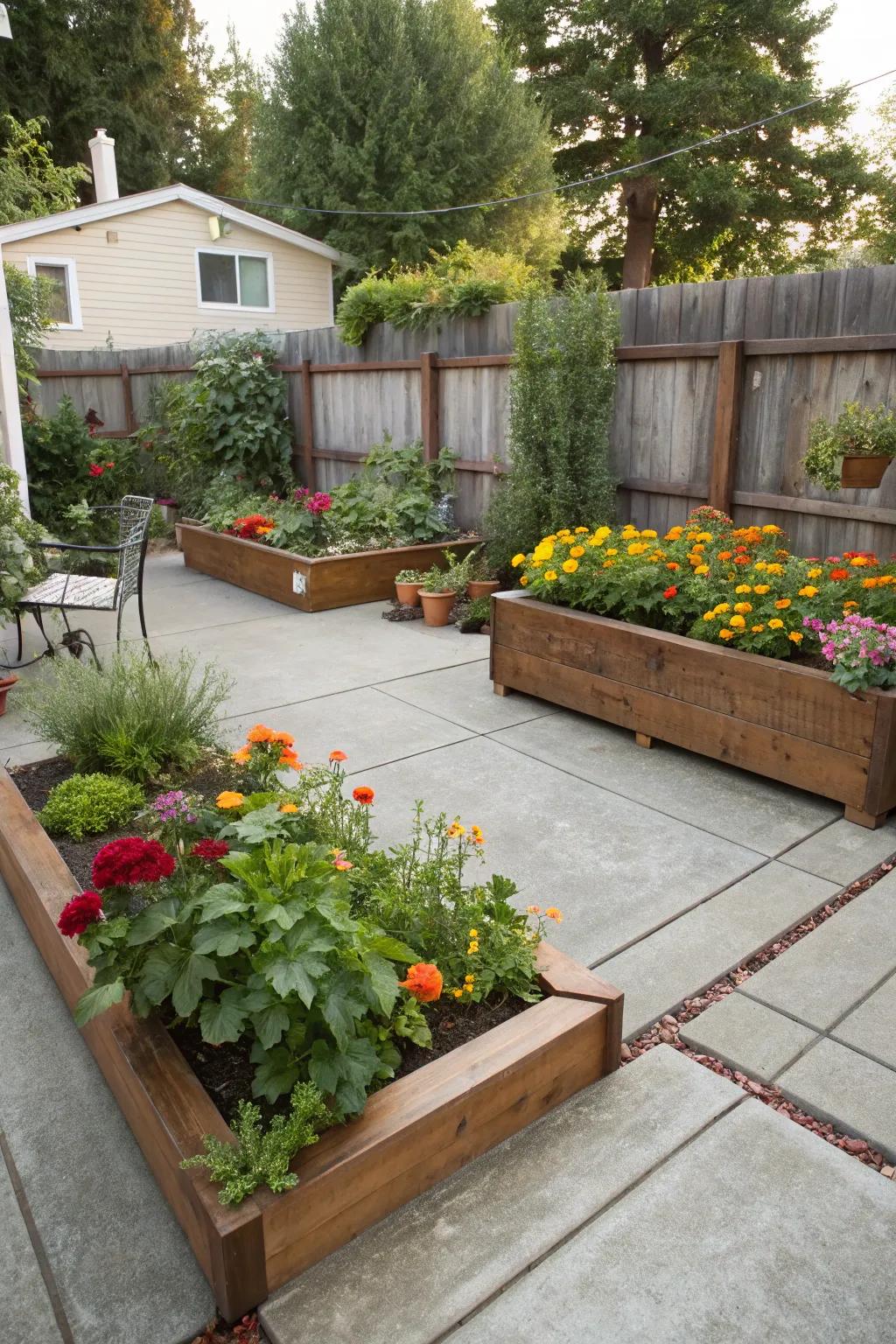 Raised garden beds contribute lush greenery and a personal touch to your patio.