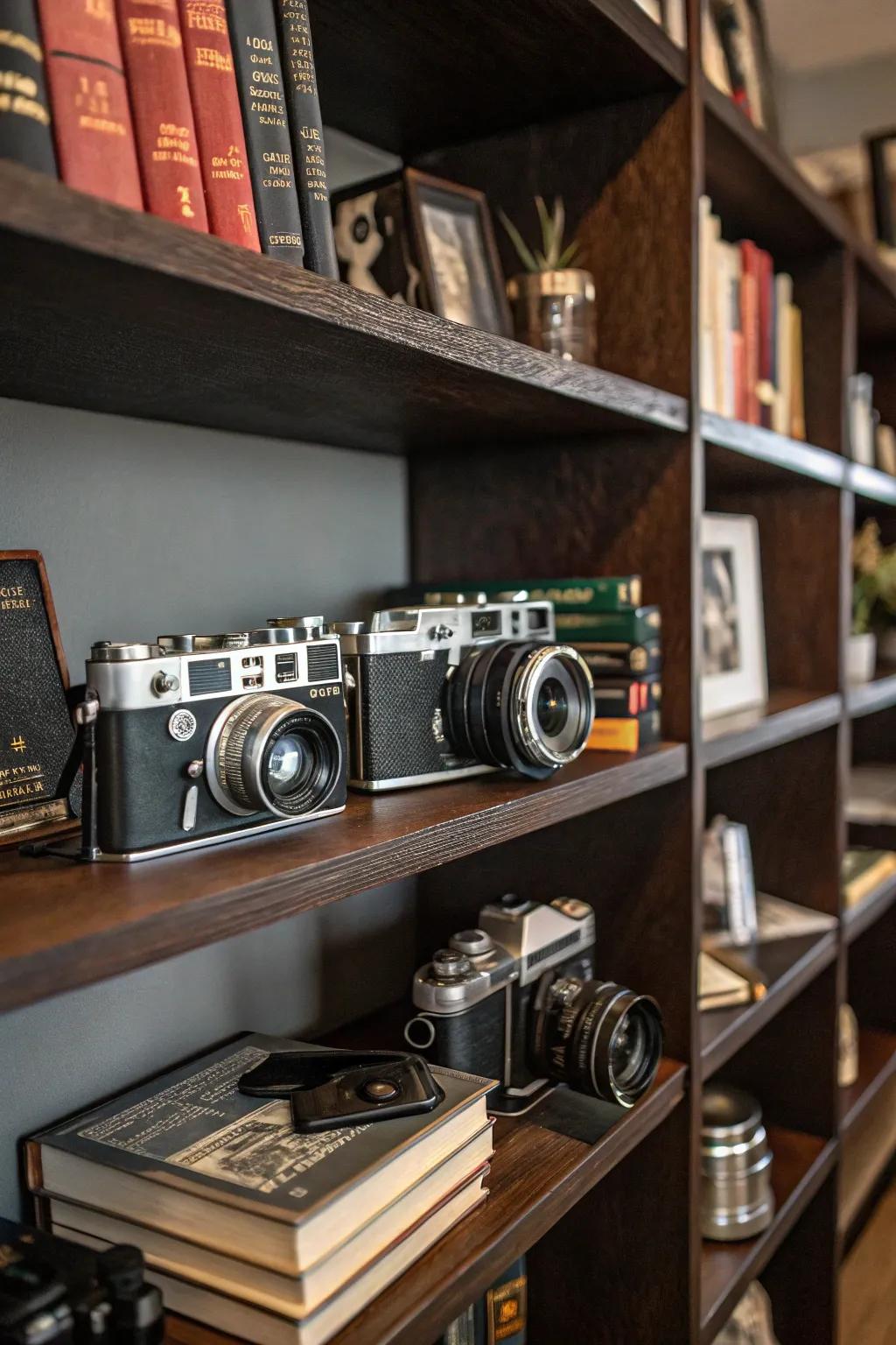 A bookshelf exhibiting a compilation of antiquated cameras.