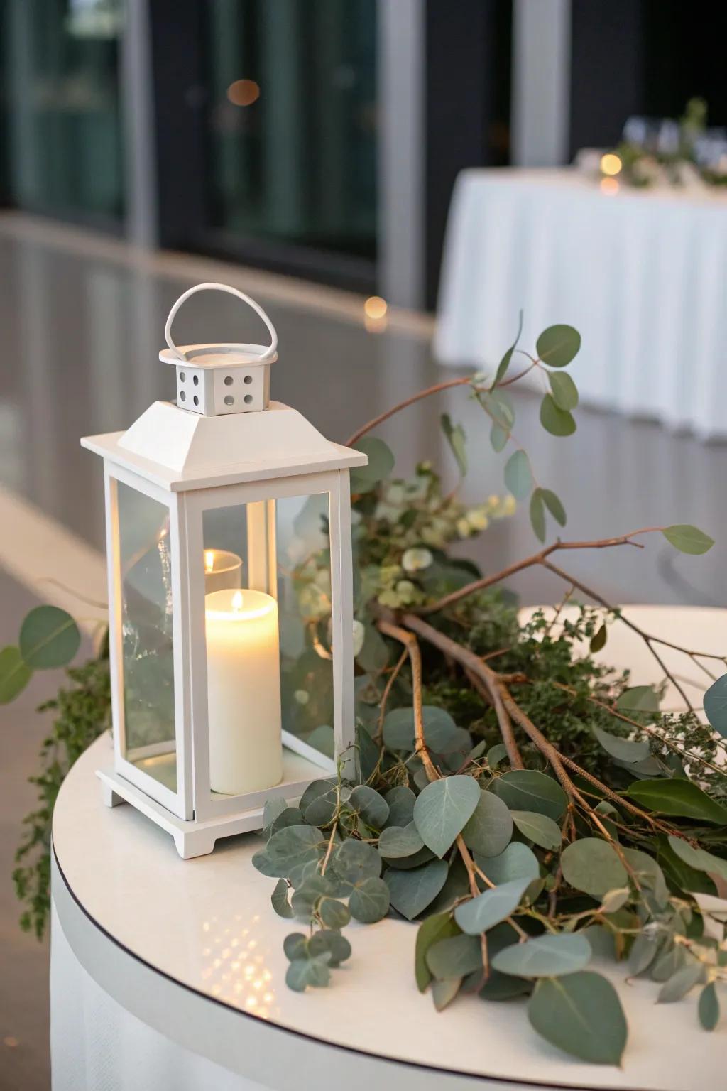 Stylish minimalist lantern with fresh foliage.