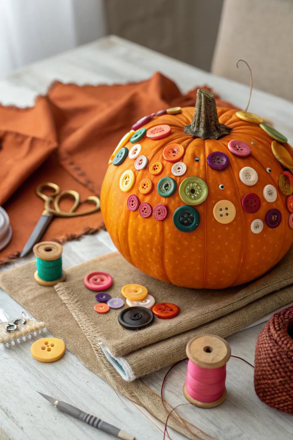 A button-adorned pumpkin that displays artistic ingenuity.