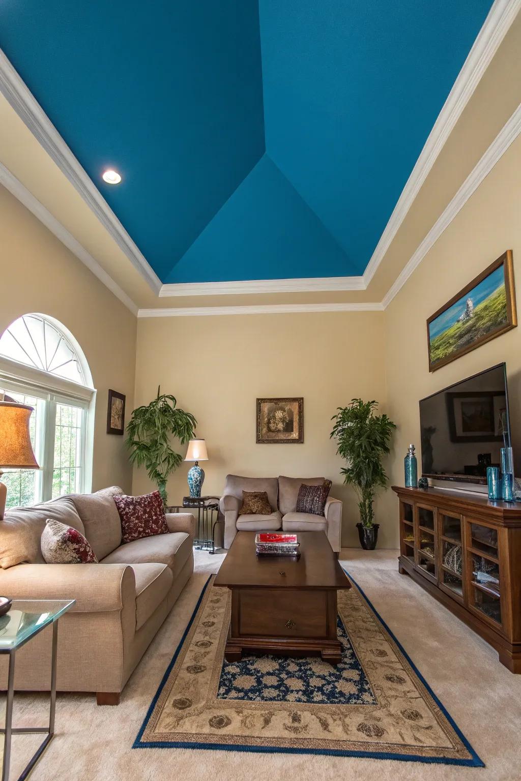 A bold ceiling color adds theatrical flair and intrigue to rooms with high ceilings.