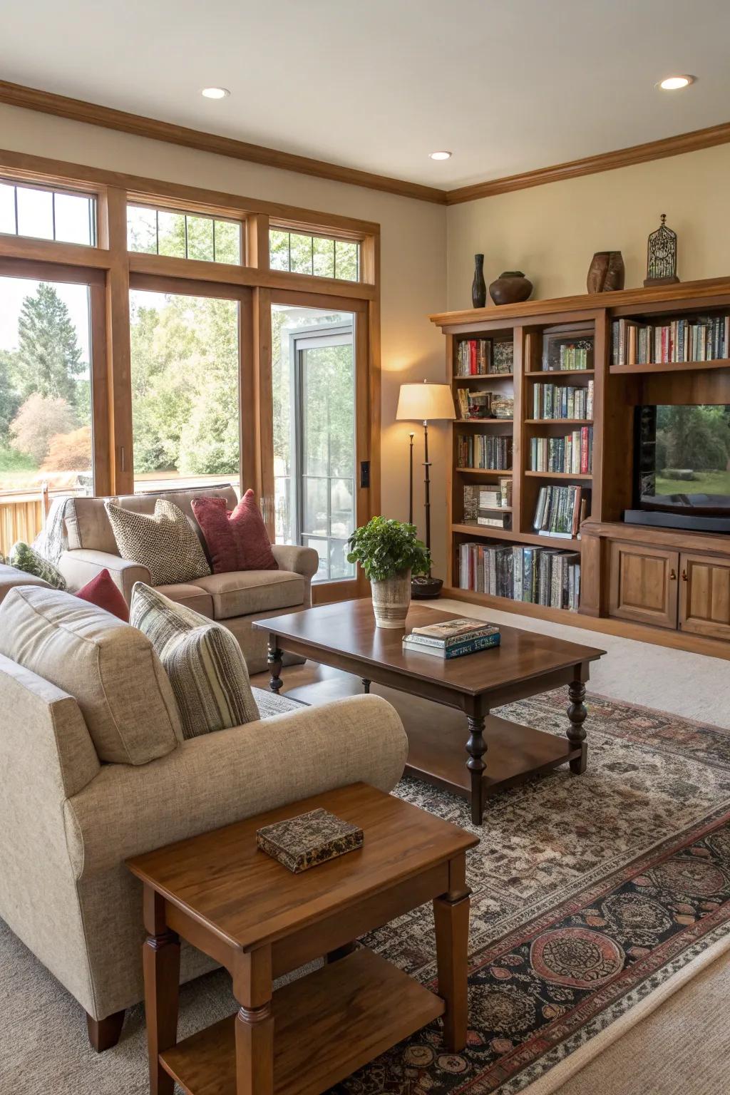 The revised furniture arrangement results in a functional and welcoming space.