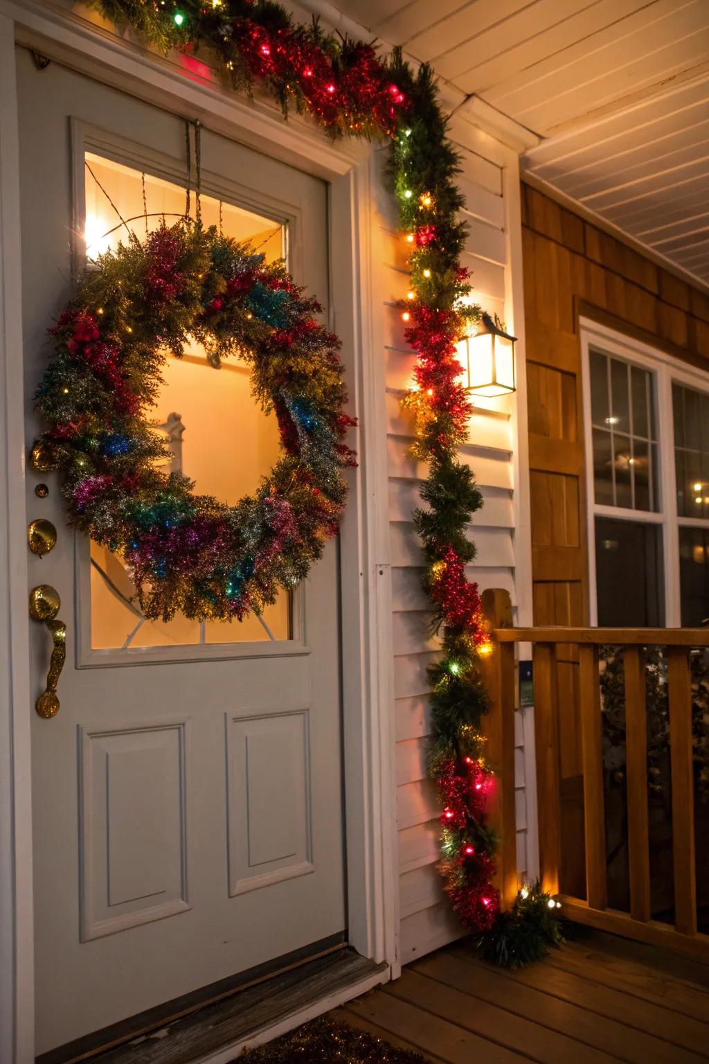 A celebratory wreath enhanced with vibrant glittery strands.