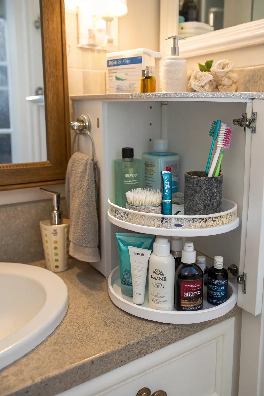 Lazy Susan inside a cabinet, providing easy access to items stored at the back.