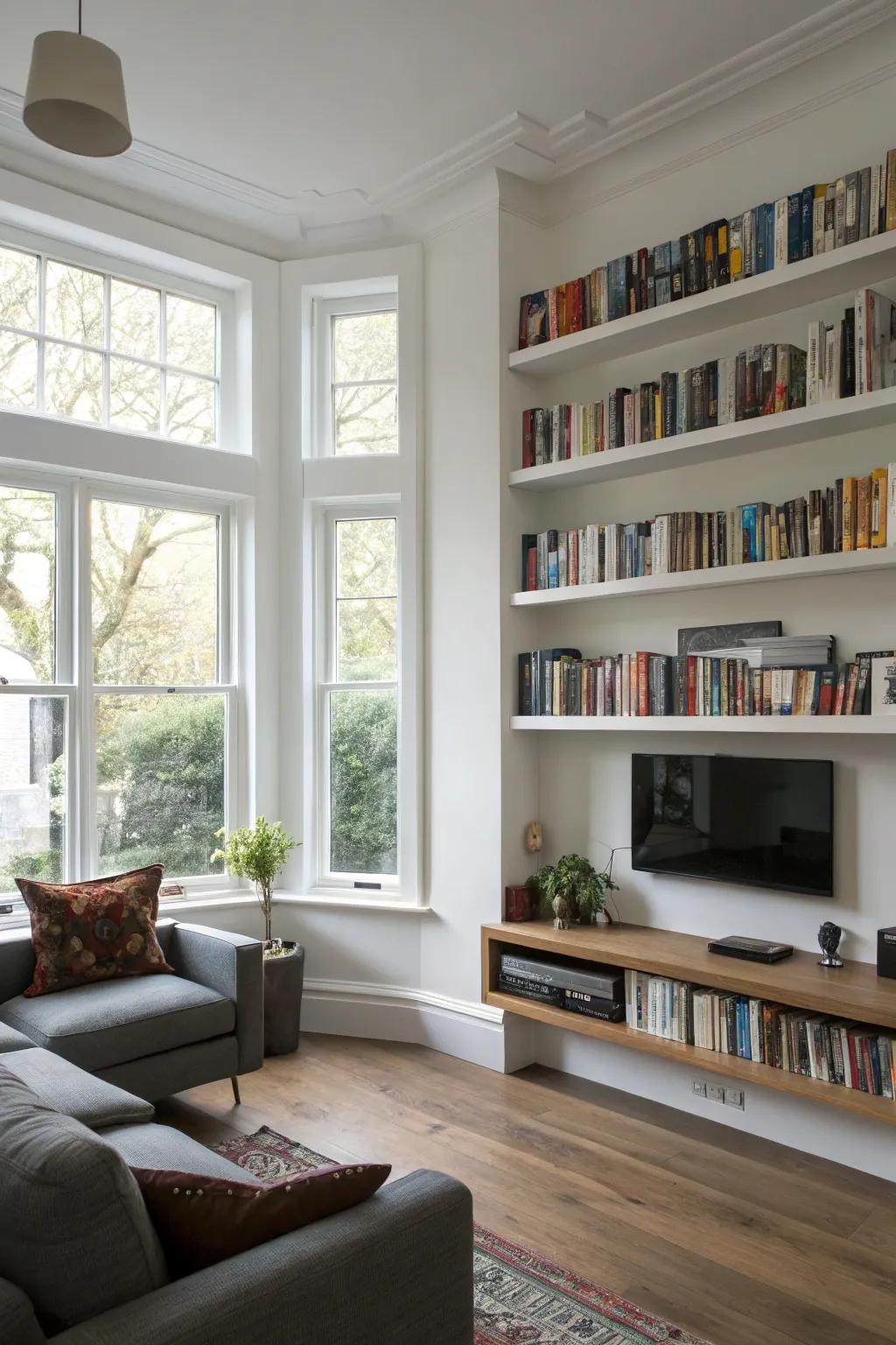 Floating shelves add a modern touch to any space