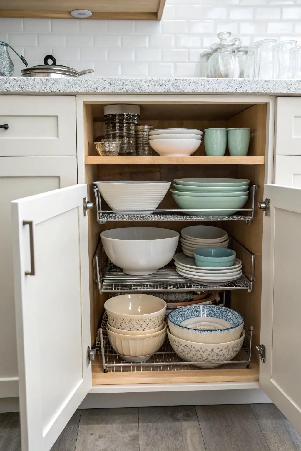 Nesting items maximizes space efficiency inside cabinets.