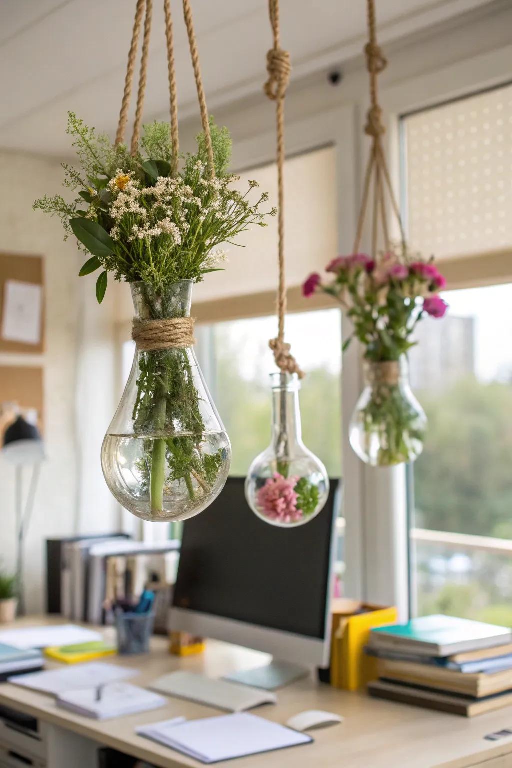 Suspended containers fashioning a vertical garden phenomenon within a study.