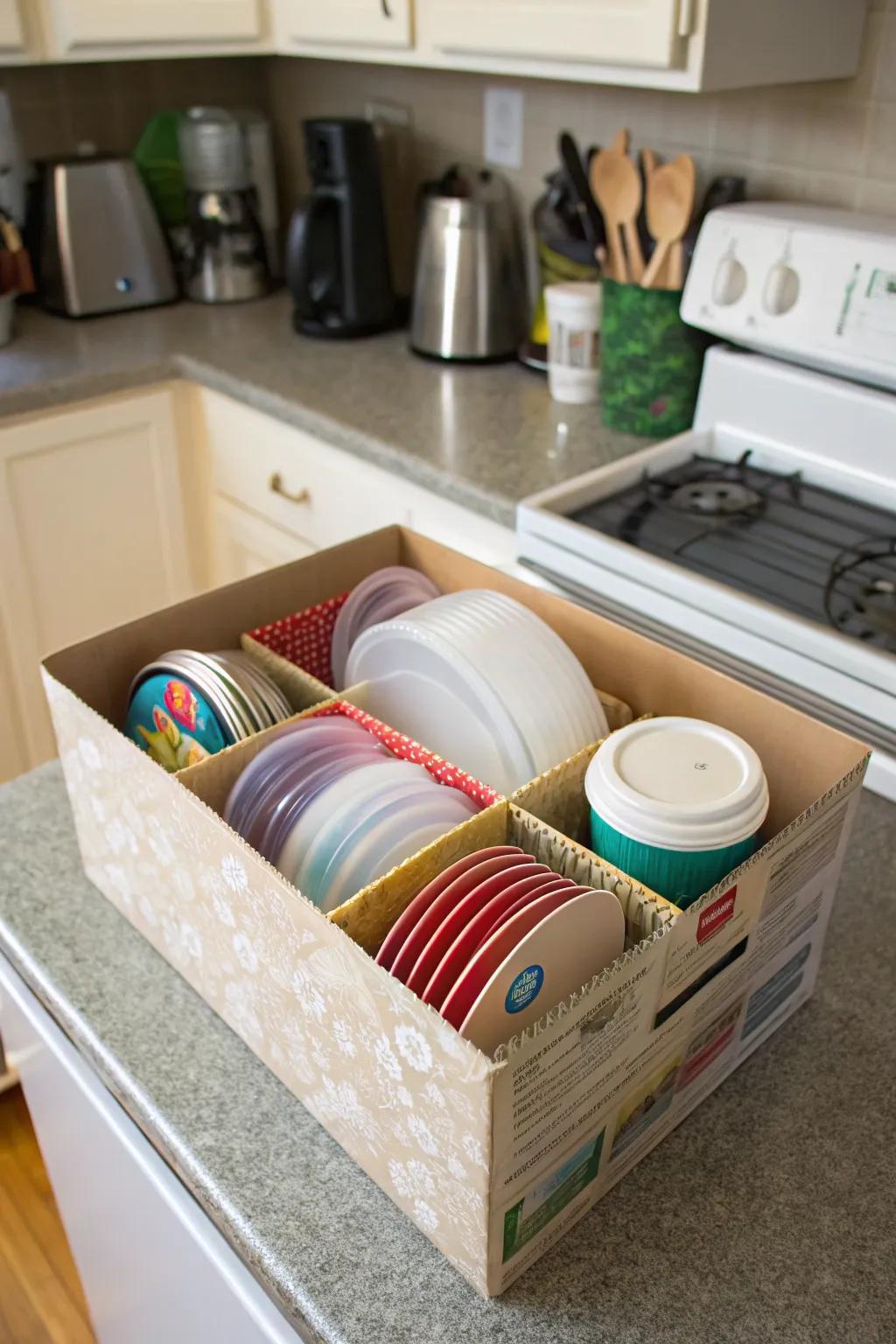 Cereal box creatively repurposed as an organizer for plastic lids.
