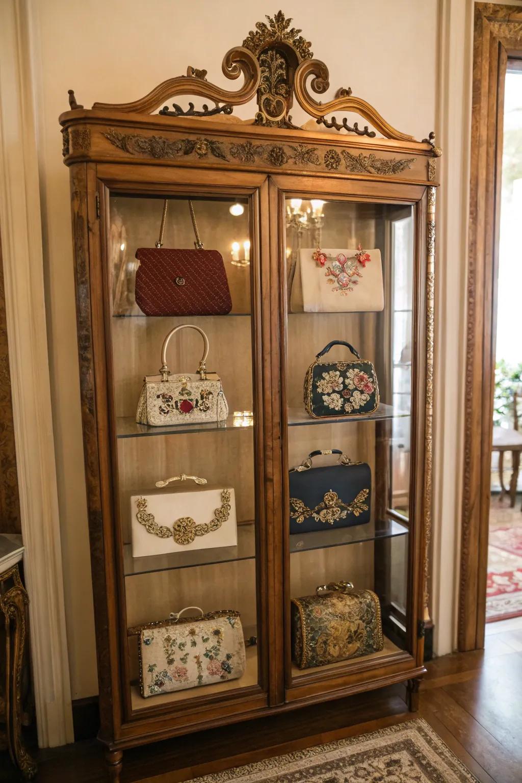 A vintage cabinet gracefully storing and displaying handbags.