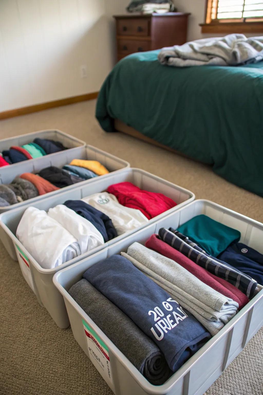 Under-bed storage conceals sweatshirts that are not in season.