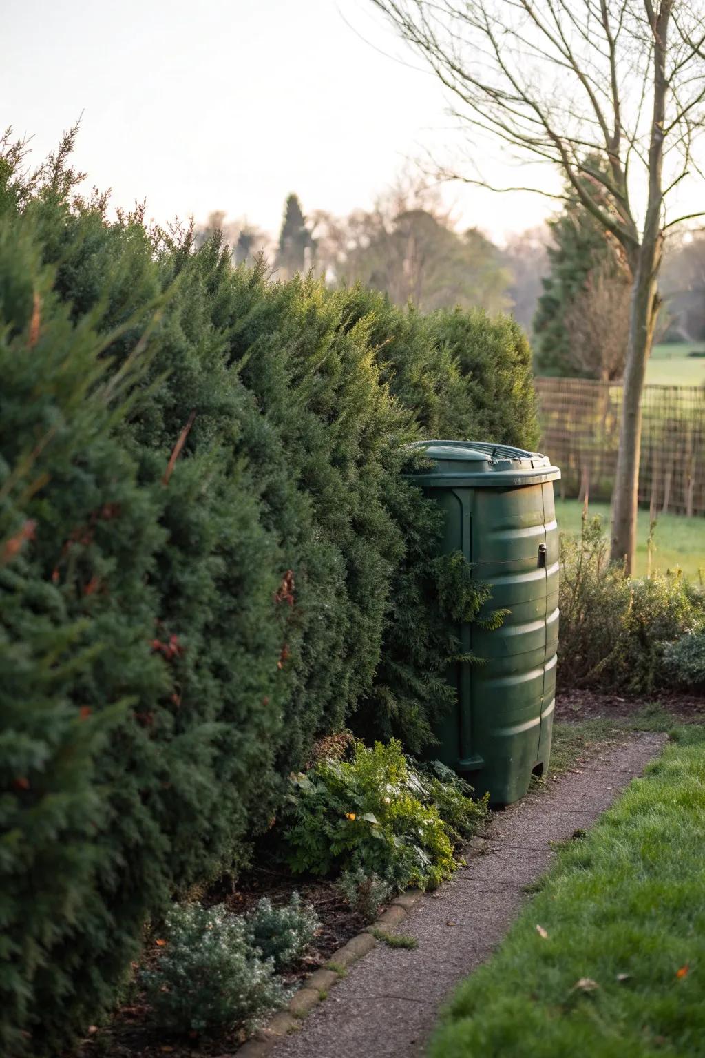 A compost bin cleverly concealed with rich evergreen plants.