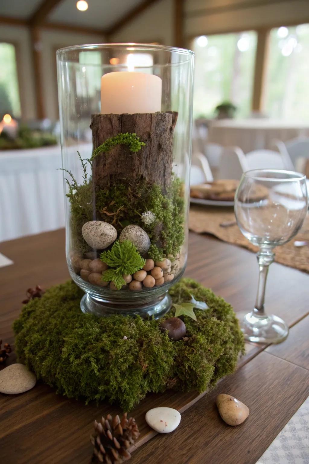 A tiny terrarium inside a windproof candle holder for a hint of woodland whimsy.