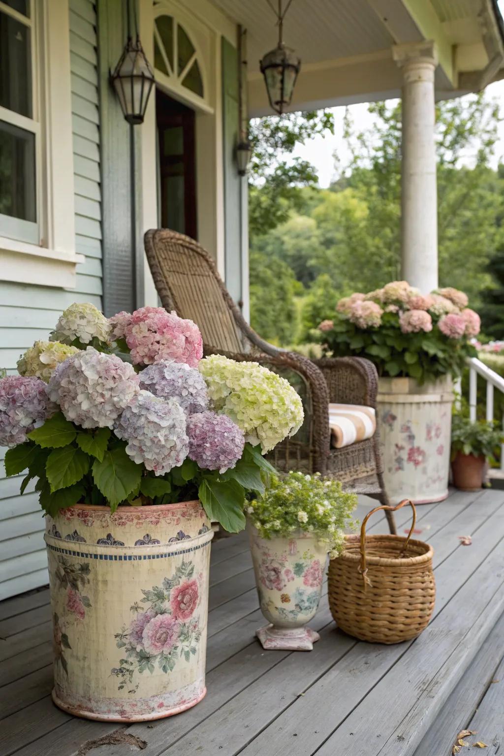 Aged-look pots bringing nostalgic charm to potted hydrangeas.