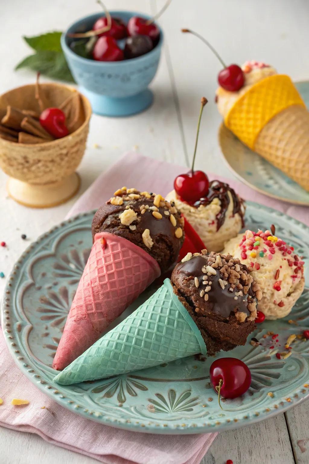 Ice cream cones with chocolate swirl for a touch of indulgence.