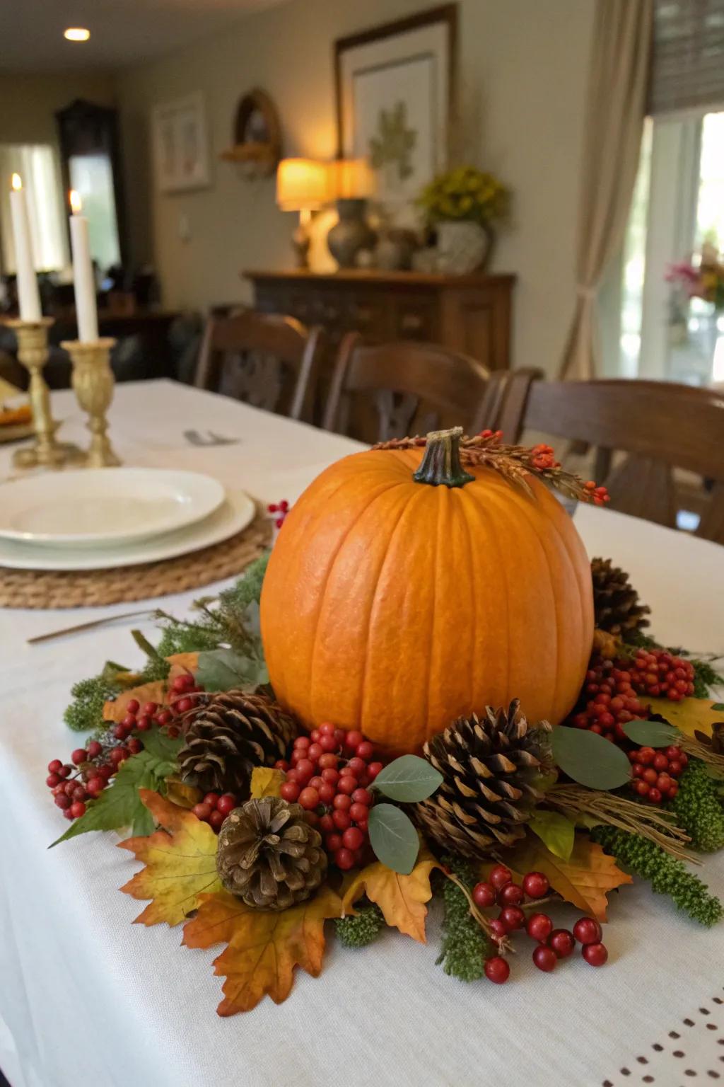 A nature-inspired pumpkin setting perfect for autumn centerpieces.