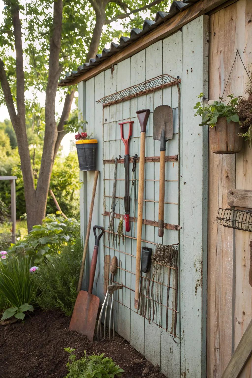 A mesh frame provides adaptable and visible tool storage.
