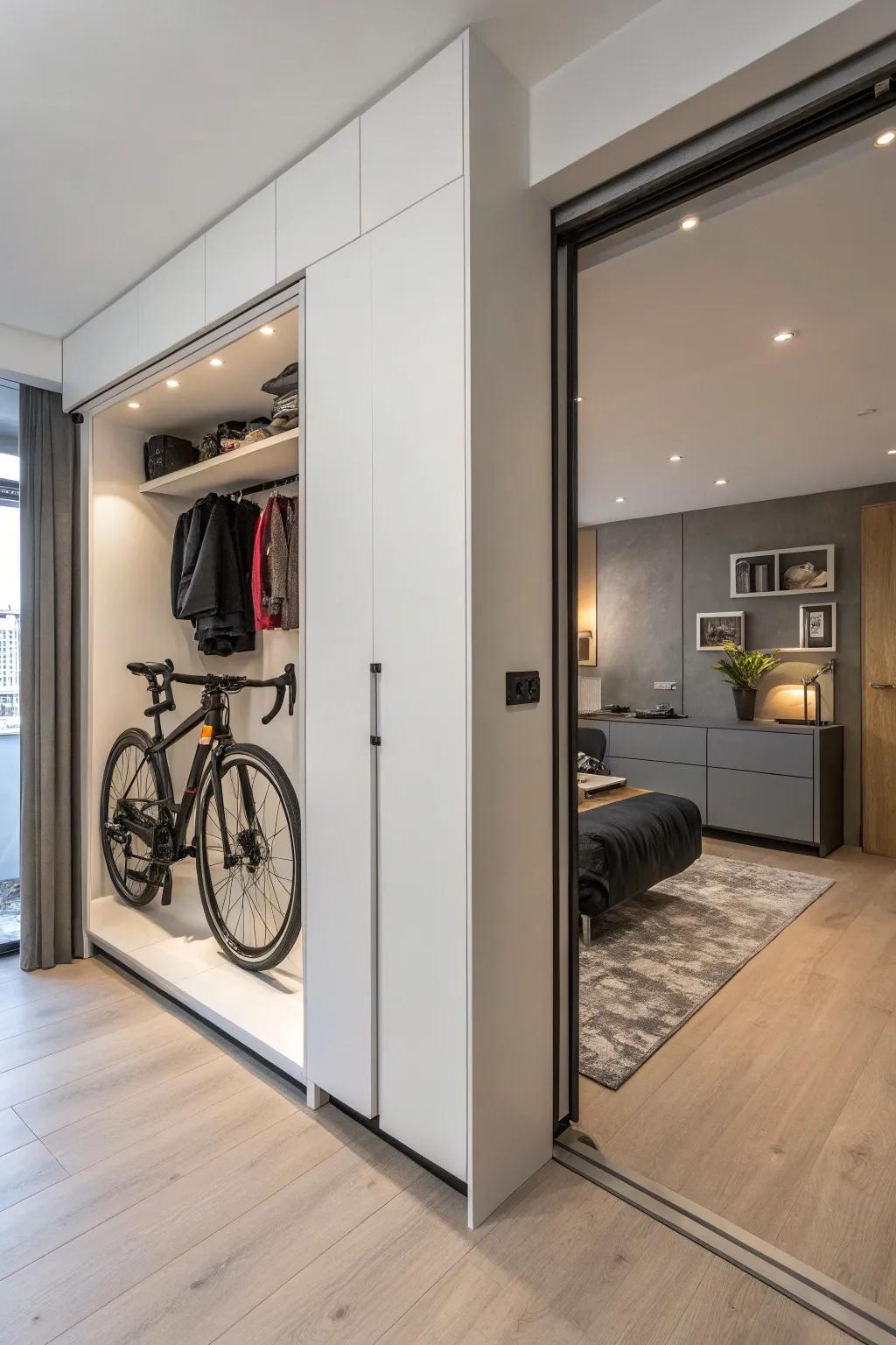 Closet converted into hidden bike storage keeps things neat.