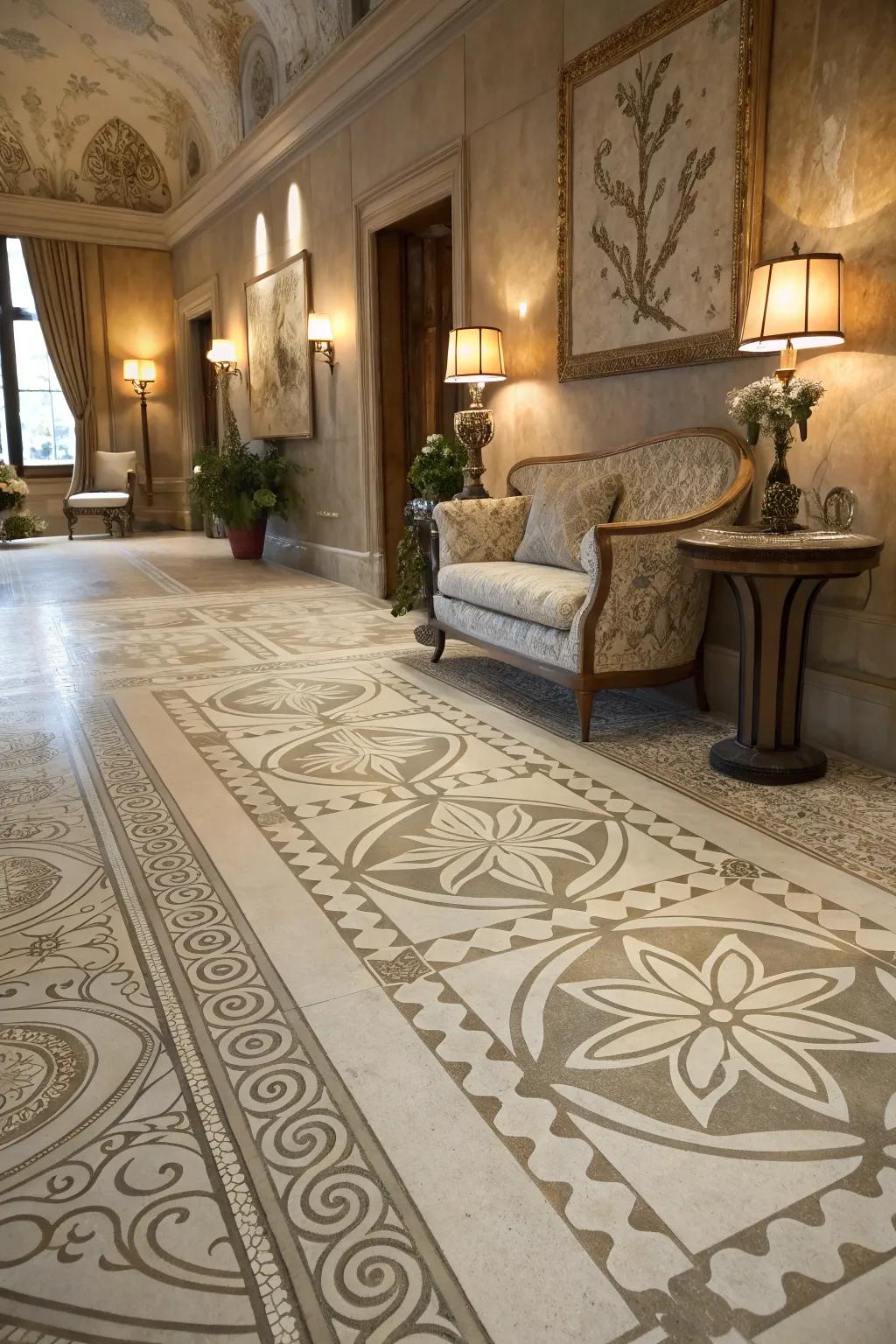 Stenciled designs add a unique, custom touch to concrete floors.