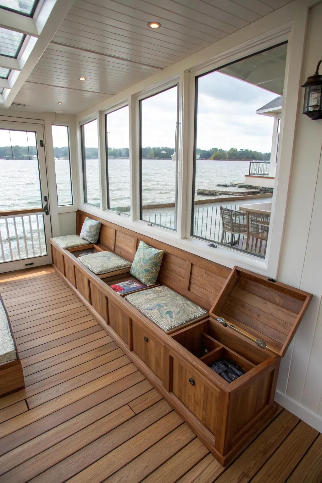 This indoor deck features built-in seats that offer both storage and seating.