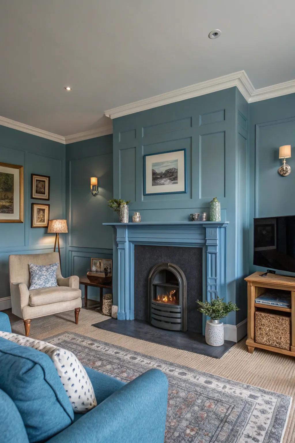 A living area with a monochromatic blue fireplace and matching walls, establishing a cohesive aesthetic.