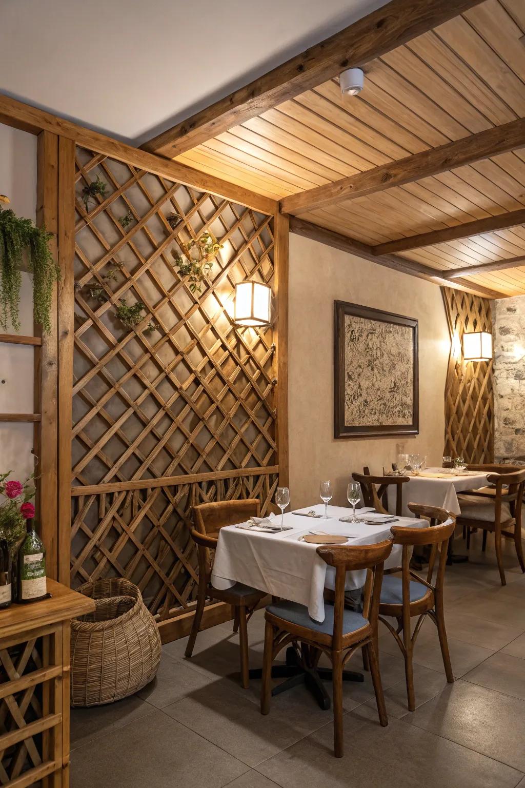 Wood lattice element adding warmth to a rural-style dining space.