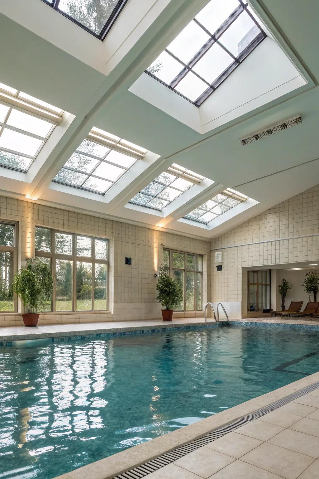 An indoor pool bathed in natural light from sky windows