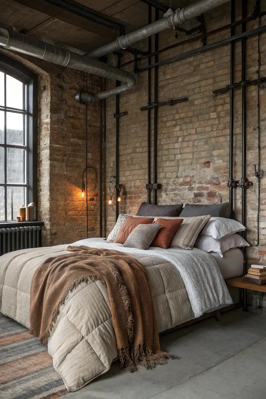 Snug bedding adds warmth and comfort to this urban sleeping quarters.