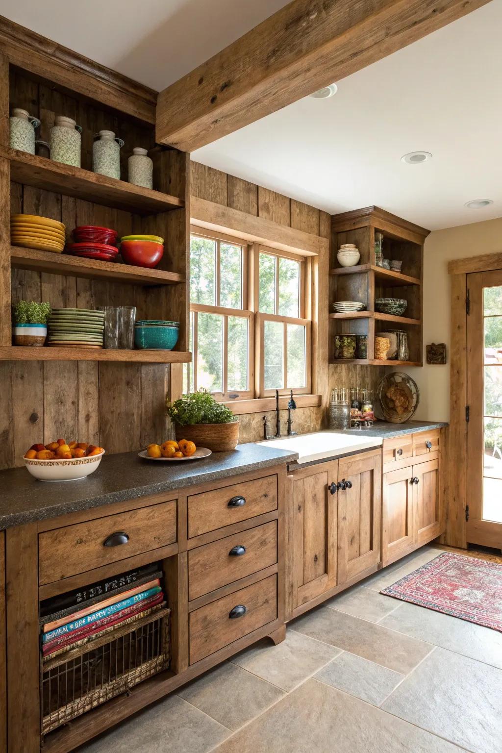 Visible shelving highlights rustic charm and practicality.