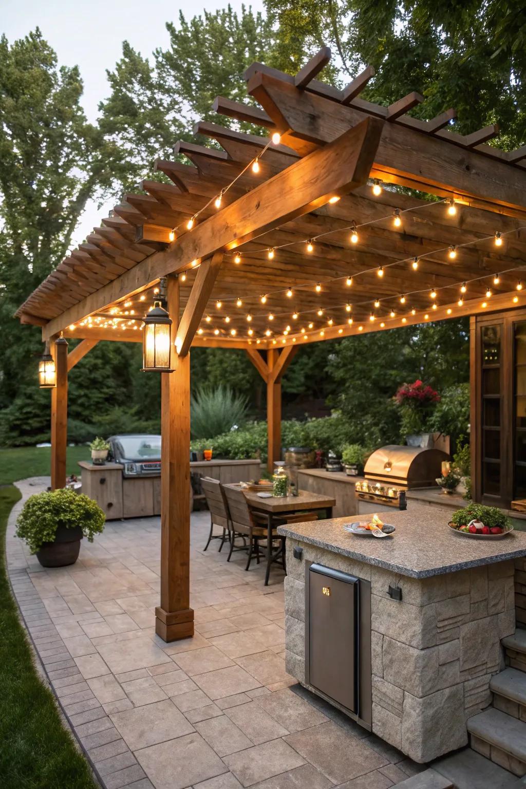 A modest pergola transformed by the radiance of festoon lights.
