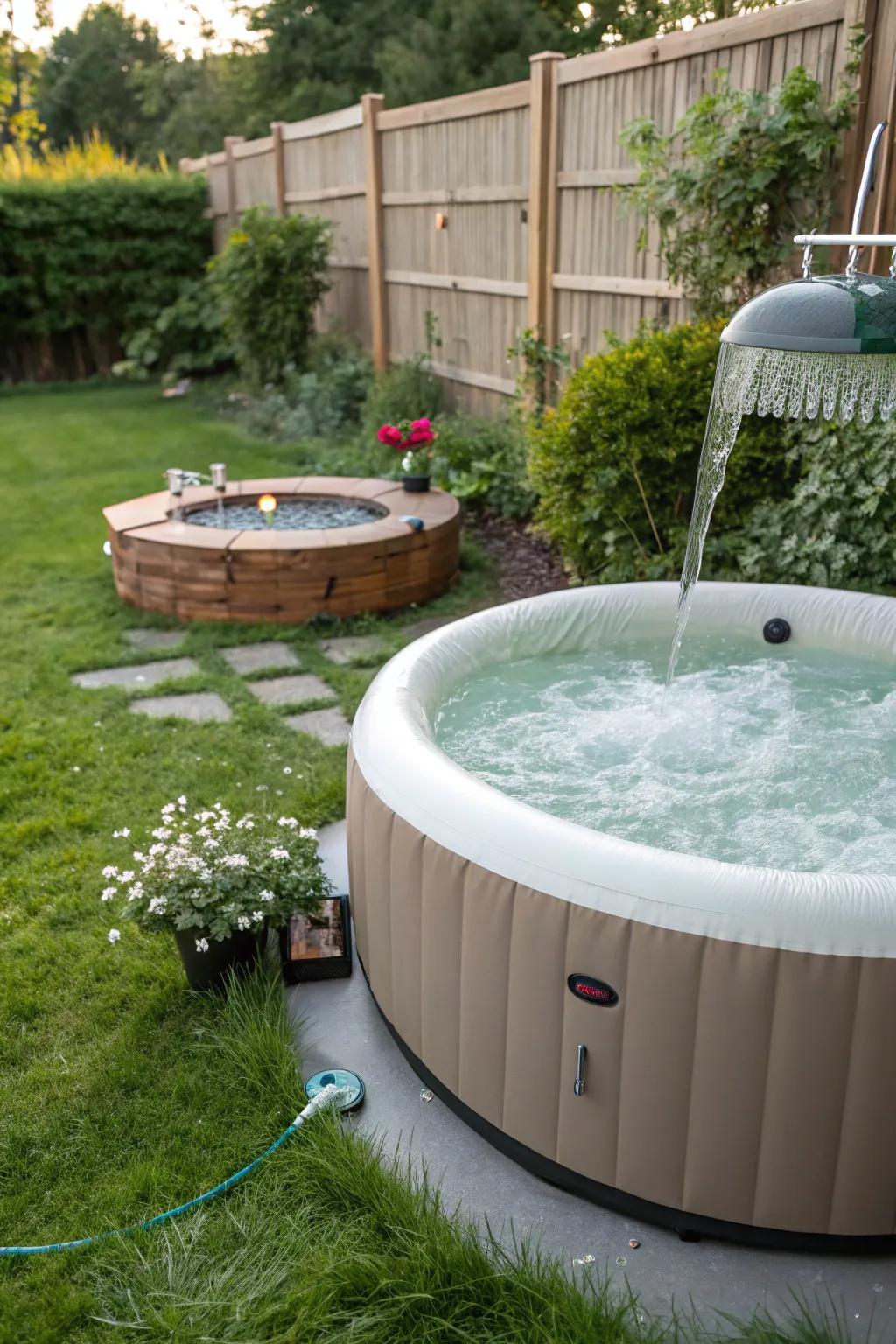 A water feature adds tranquility to the bubbly spa setting.