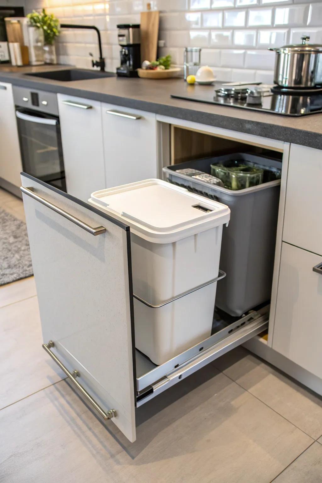 A pull-out trash bin keeps your kitchen tidy and modern.