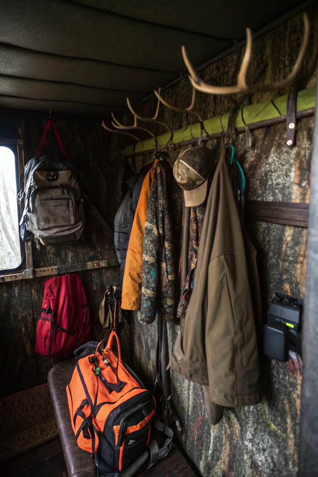 Hooks present a functional means for hanging equipment, ensuring clear flooring.