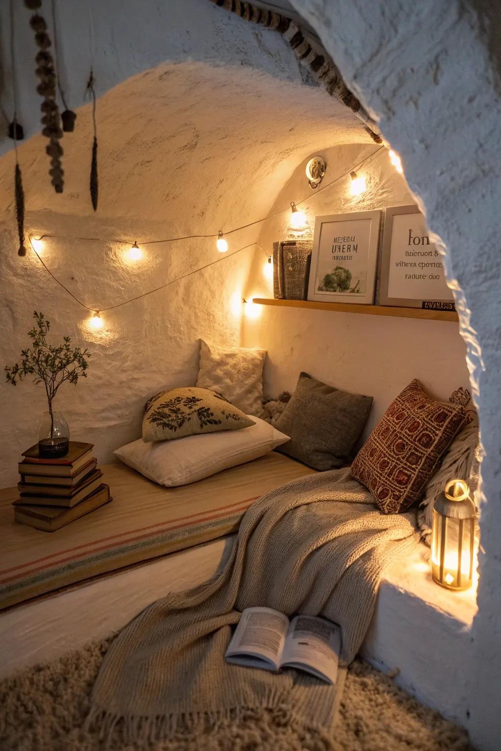 A reading cranny presents a serene escape within the silence encompassing underground dwellings.