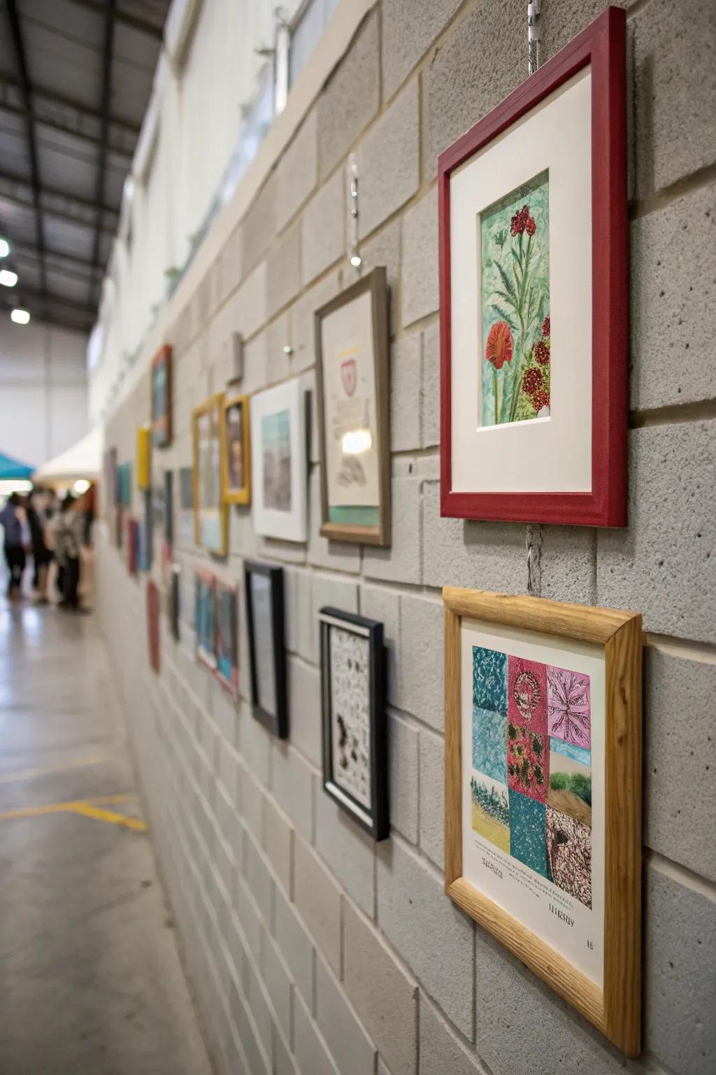 An arranged wall showcase on a cinder block surface.