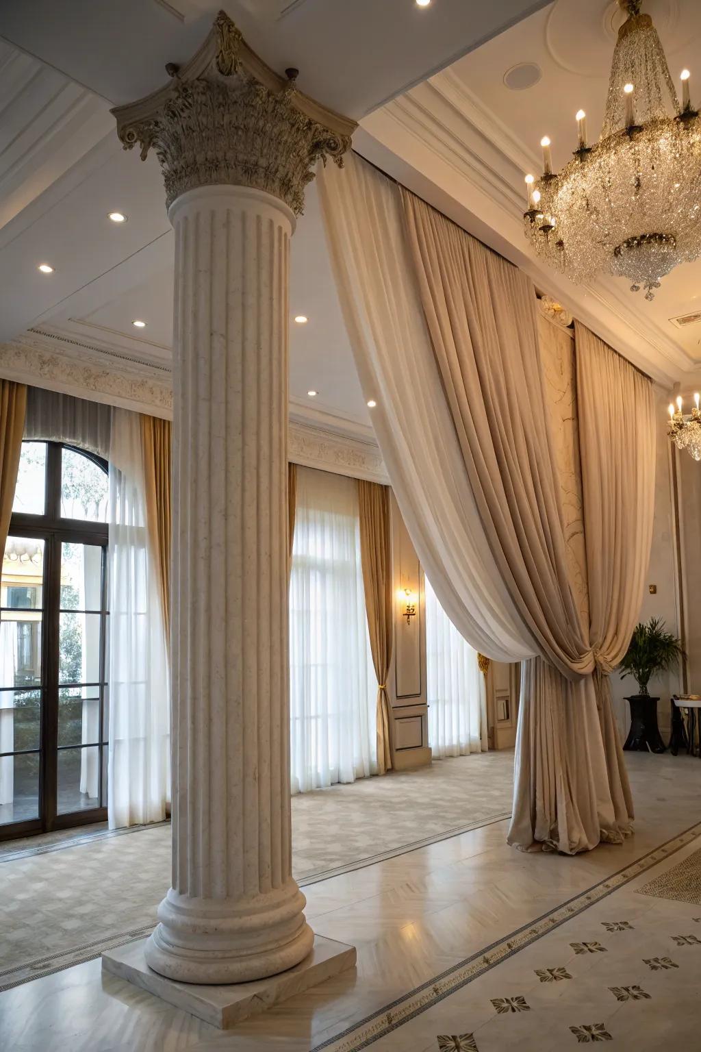 Fabrics soften and frame columns.