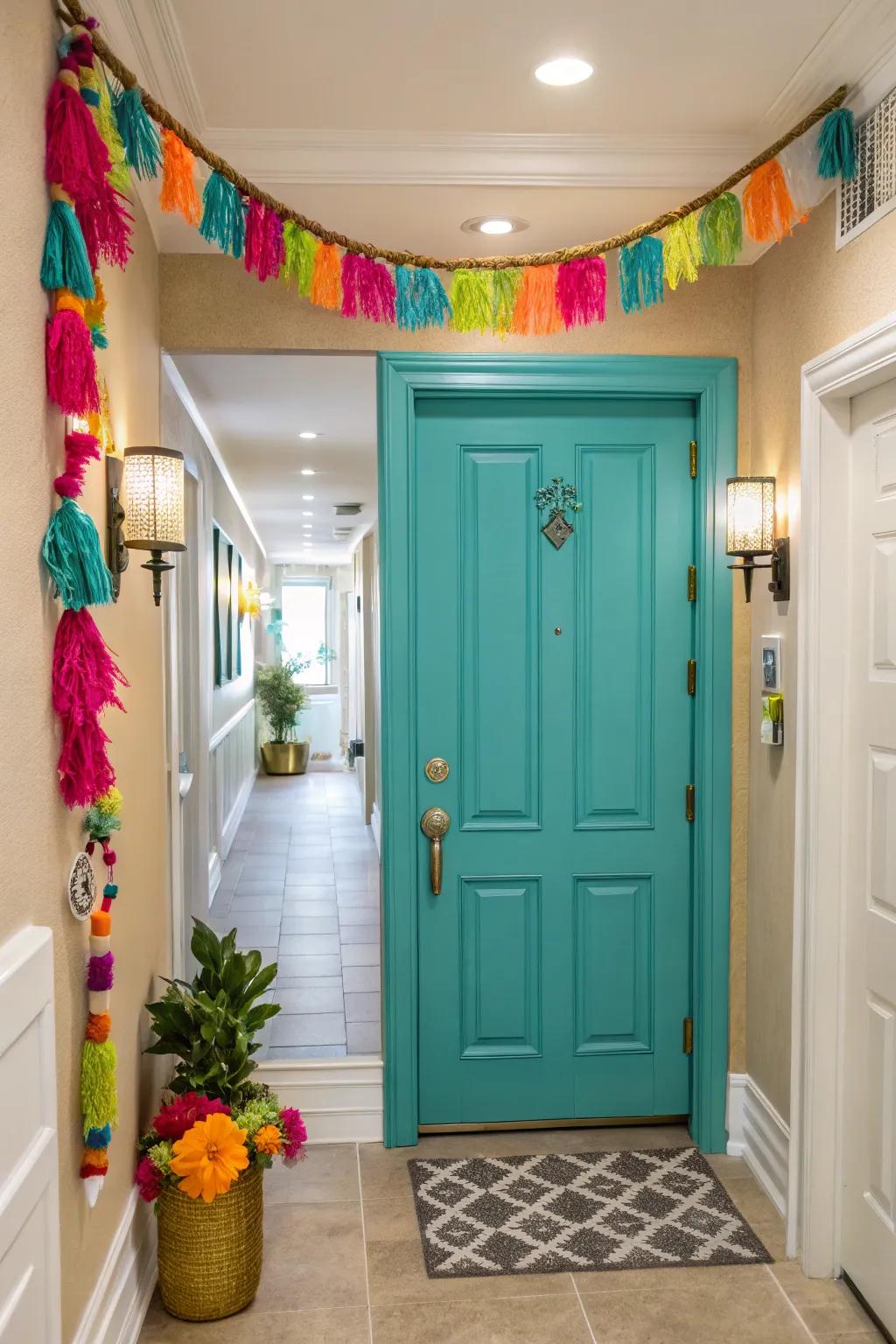 A vibrant turquoise door adds energy to the entryway.