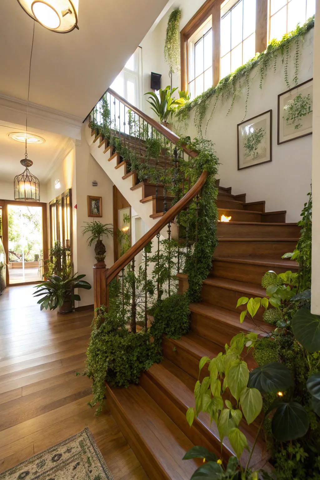Greenery along railings brings a refreshing natural vibe.