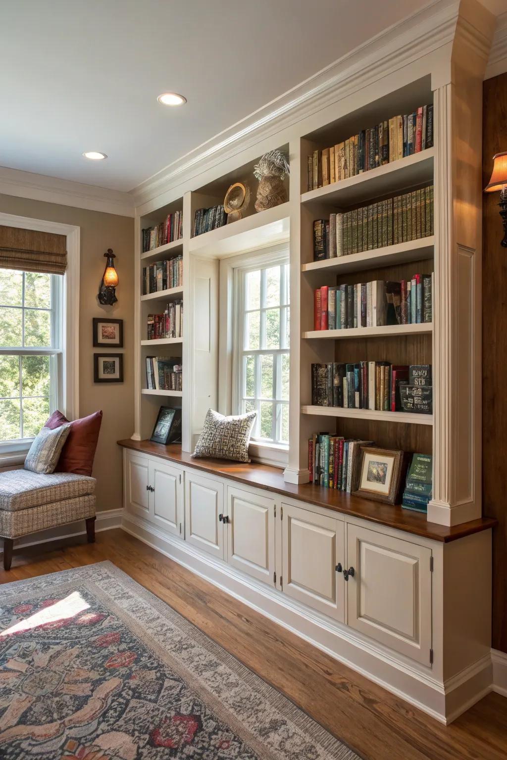 Built-in bookshelves with custom trim adding allure to a home library.