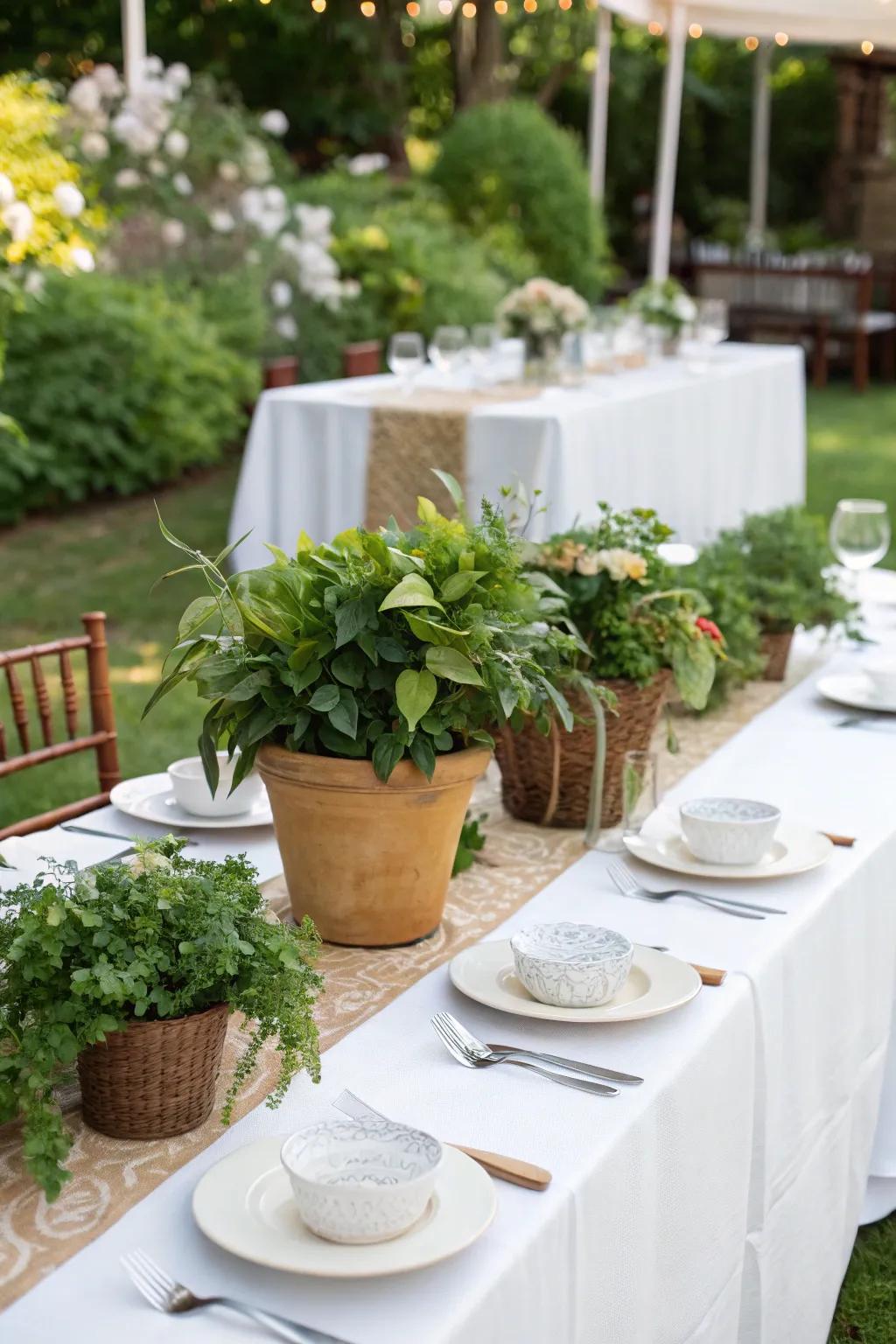 Lasting potted greenery serve as gorgeous table centerpieces.
