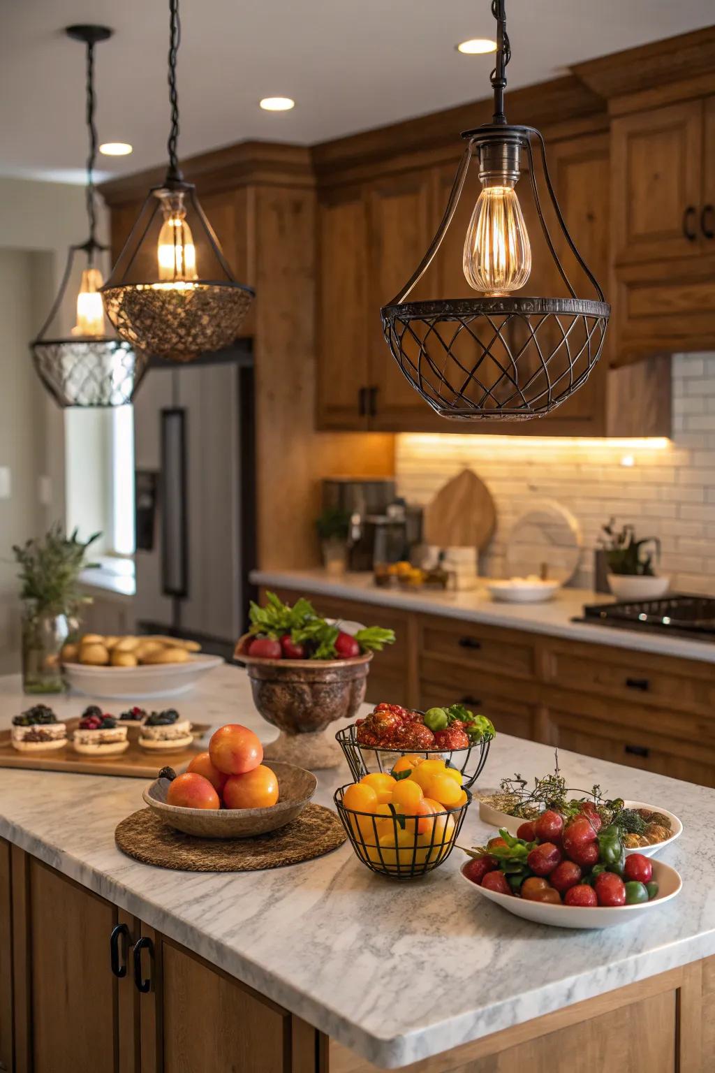 Pendant lighting enhancing the beauty and functionality of a kitchen island.