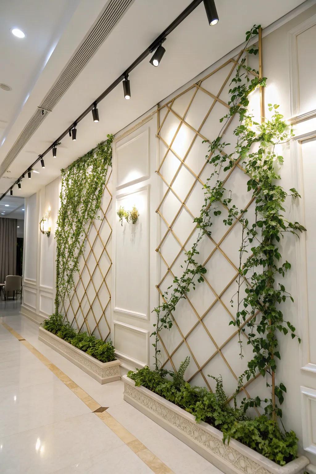 An indoor greenery trellis adding structure and elegance to the space.