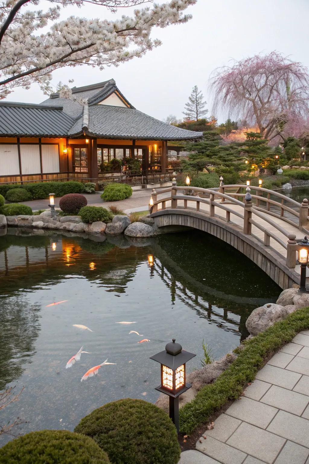 A fishpond creates a serene atmosphere.