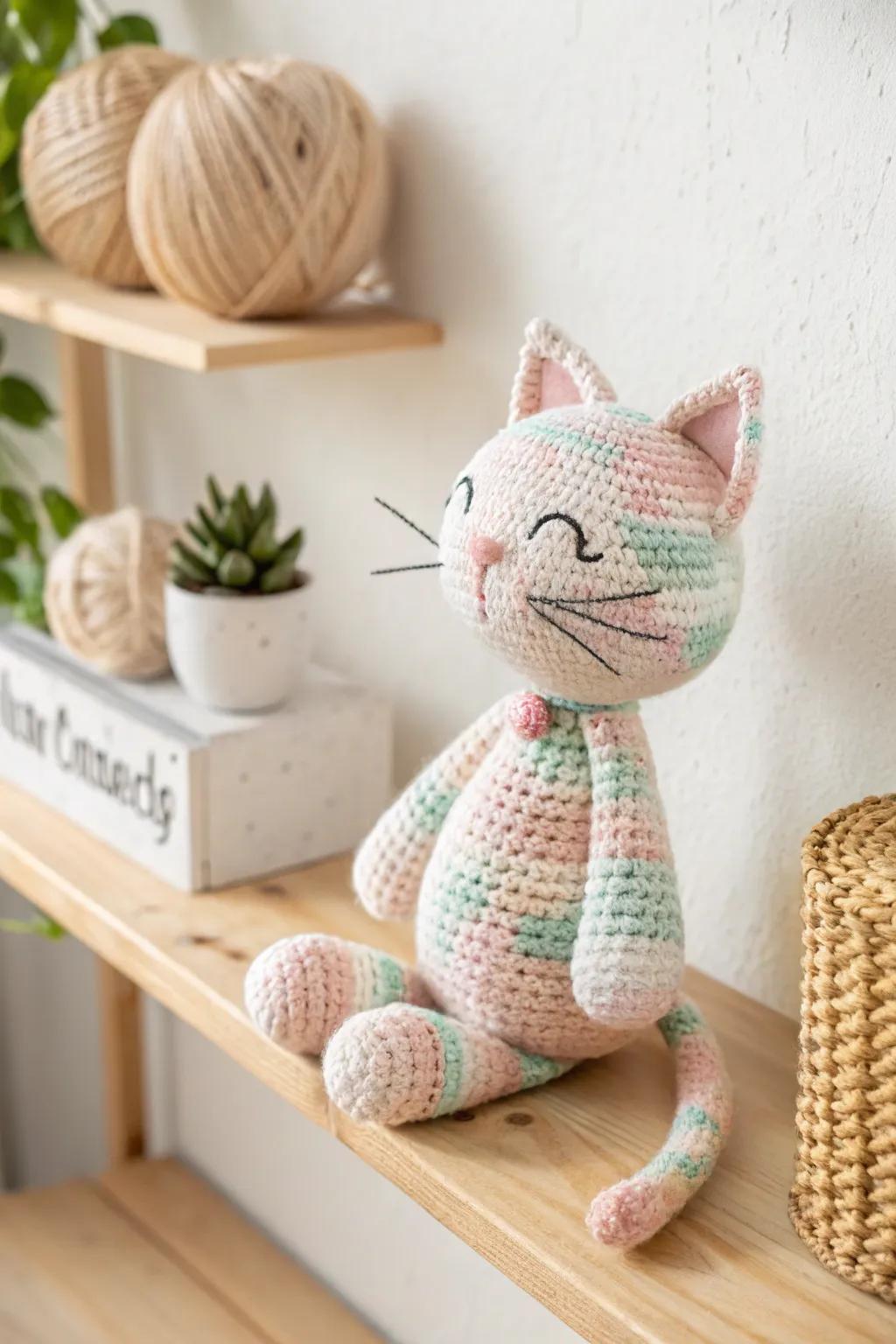 Embrace the beauty of imperfection with this sweet soft amigurumi kitten. A charming addition to any simple setting!