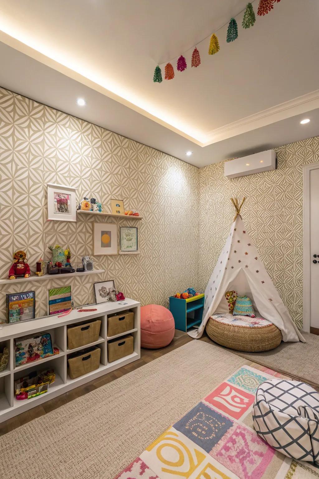 A playroom enhanced with textured wallpaper, encouraging touch and exploration.