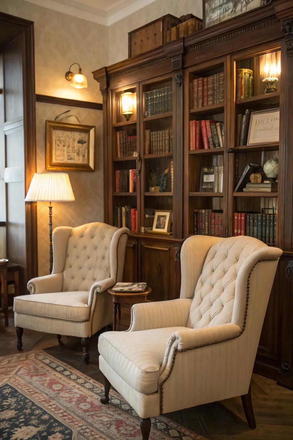 A nostalgic vintage storytime corner, rich with history and charm.